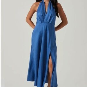 ASTR Blue Linen Blend Halter Maxi Dress Sundress Size L